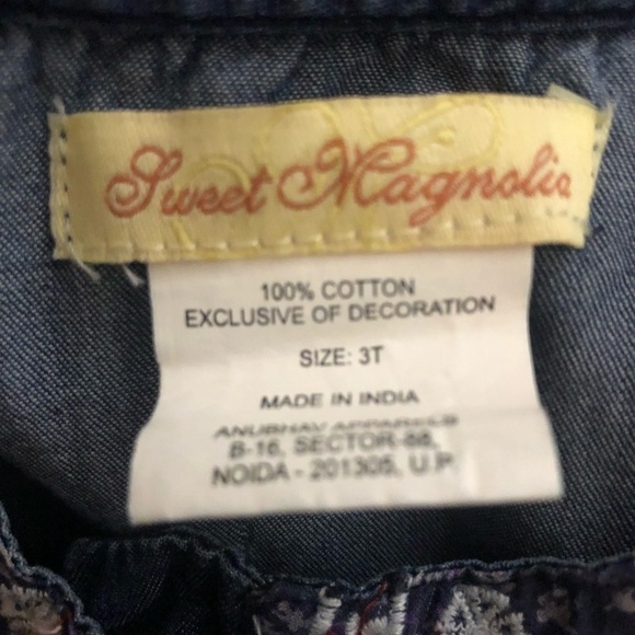 Sweet Magnolia Blue Denim Dress 3T With White And Burgundy Tassels - Picture 5 of 7